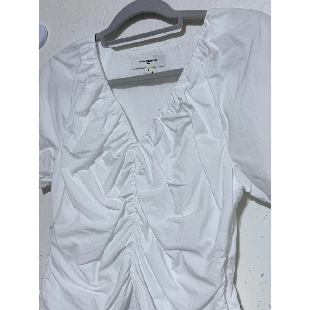 Banana Republic White Cotton Ruched V-Neck Puff Sleeve Blouse Size 2